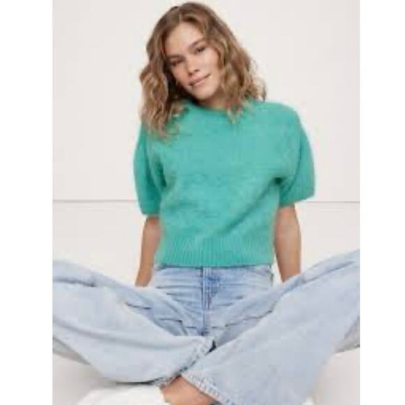 Banana Republic Women's Fuzzy Alpaca-Blend Puff-Sleeve Sweater XL Blue teal - Picture 1 of 14